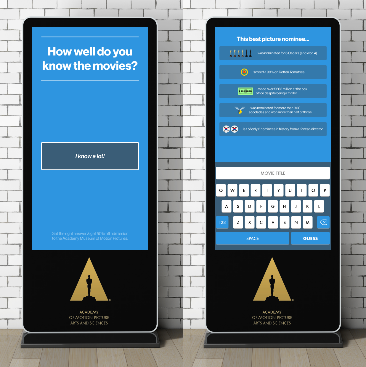 A preview image showing 2 different stages of an app working on a physical, touch screen kiosk.