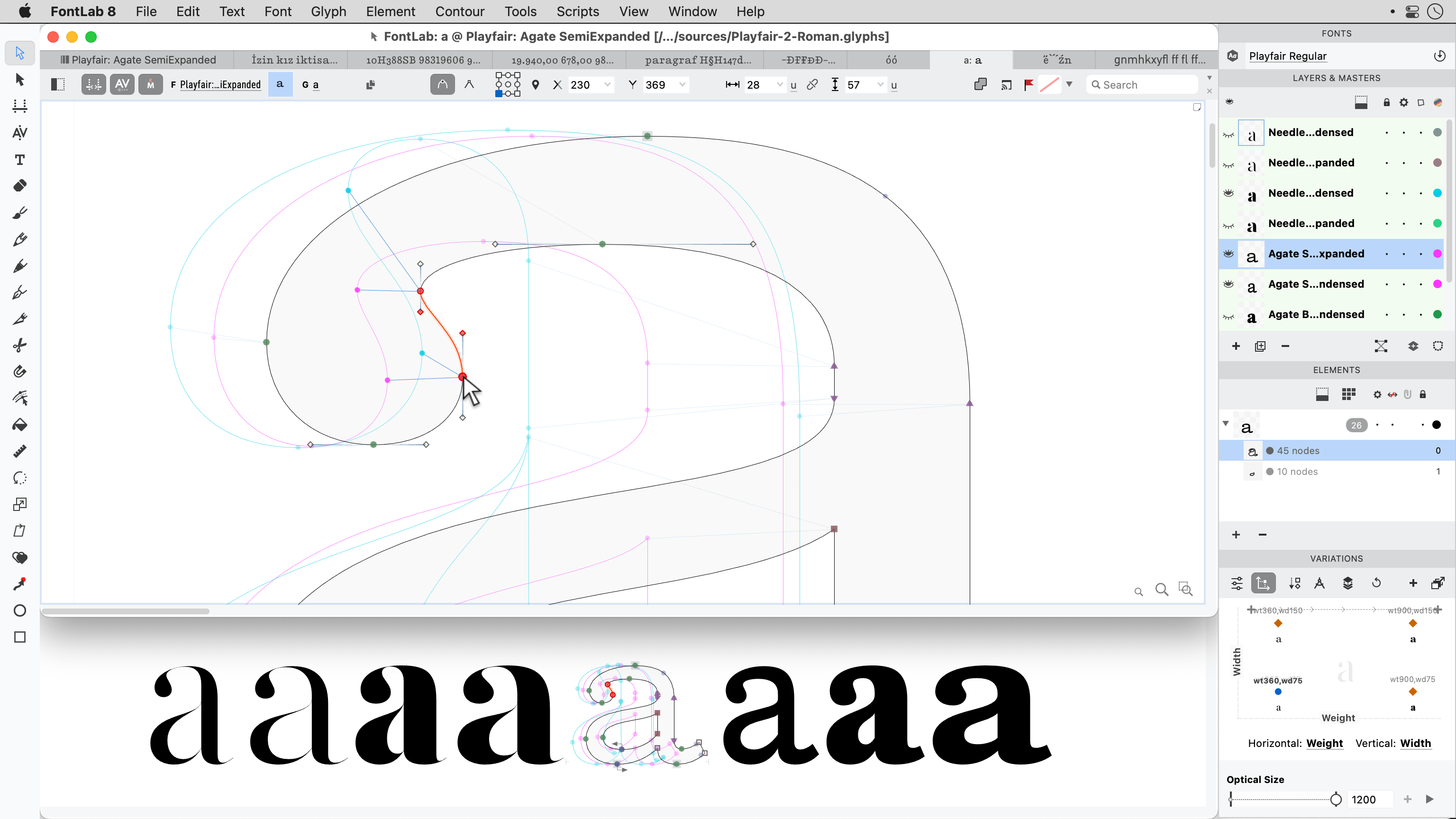 A screenshot from a typeface designing software called FontLab Studio