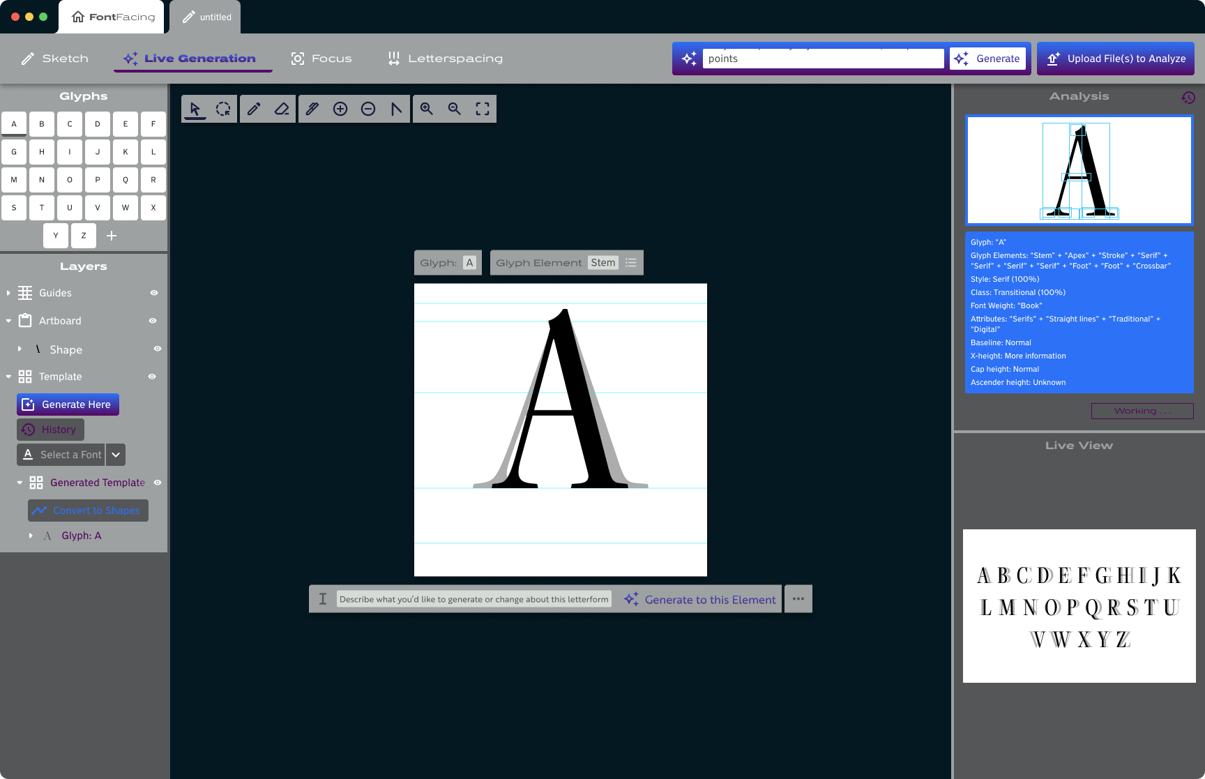 Mockup of a desktop application for the graphic design of typefaces, featuring an artboard where a letterform is being worked on and the toolbars and menu options available.