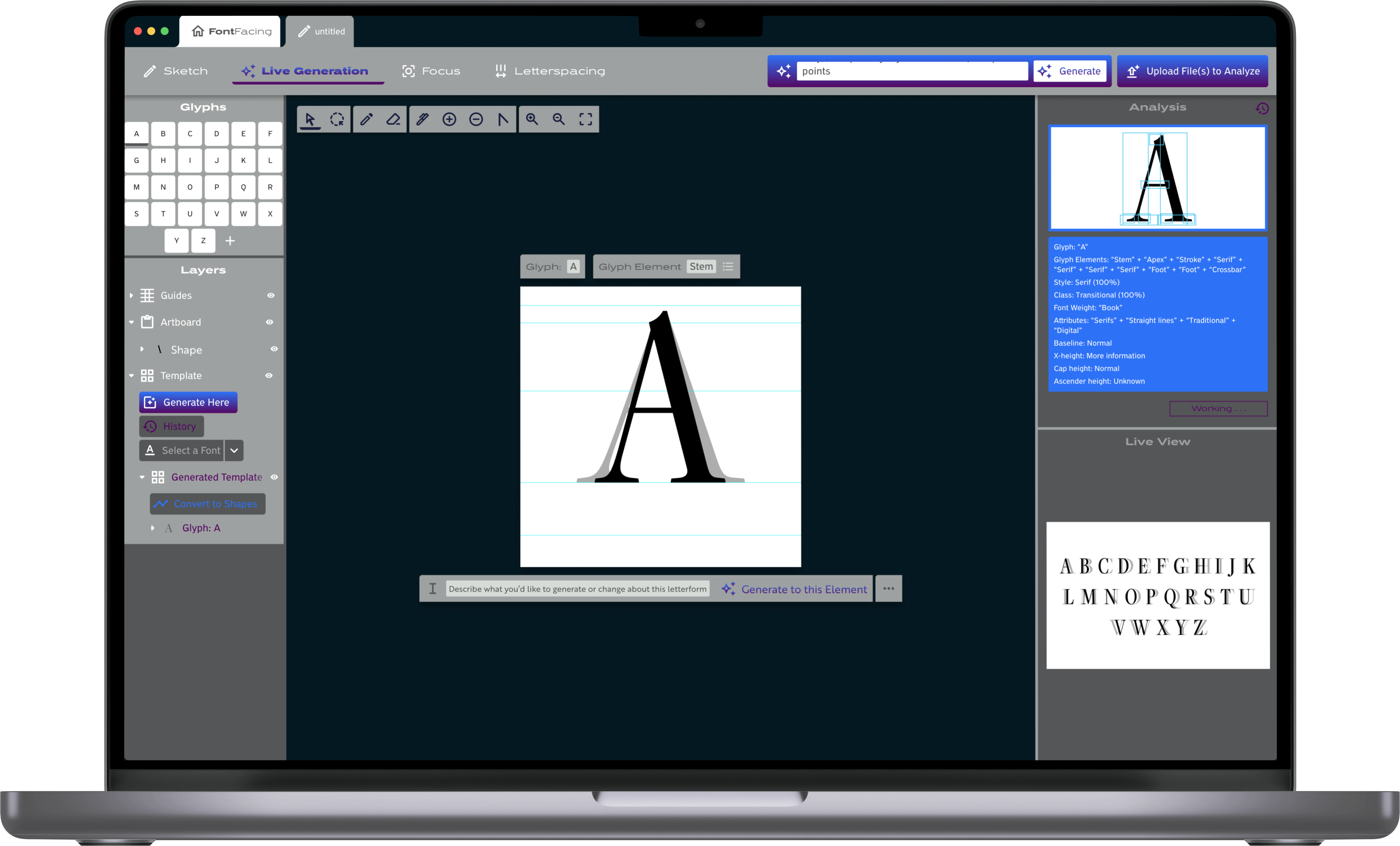A mockup of the starting screen of FontFacing on a Macbook.
