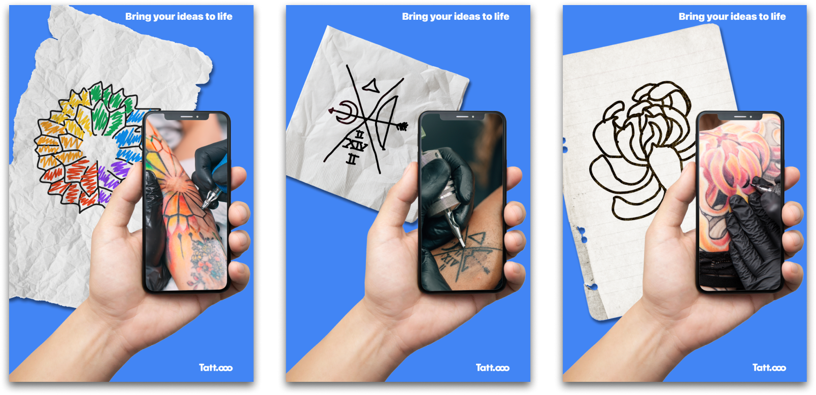 A series of posters that takes the branding elements and reuses them to market the app with the slogan, 'Bring your ideas to life'.