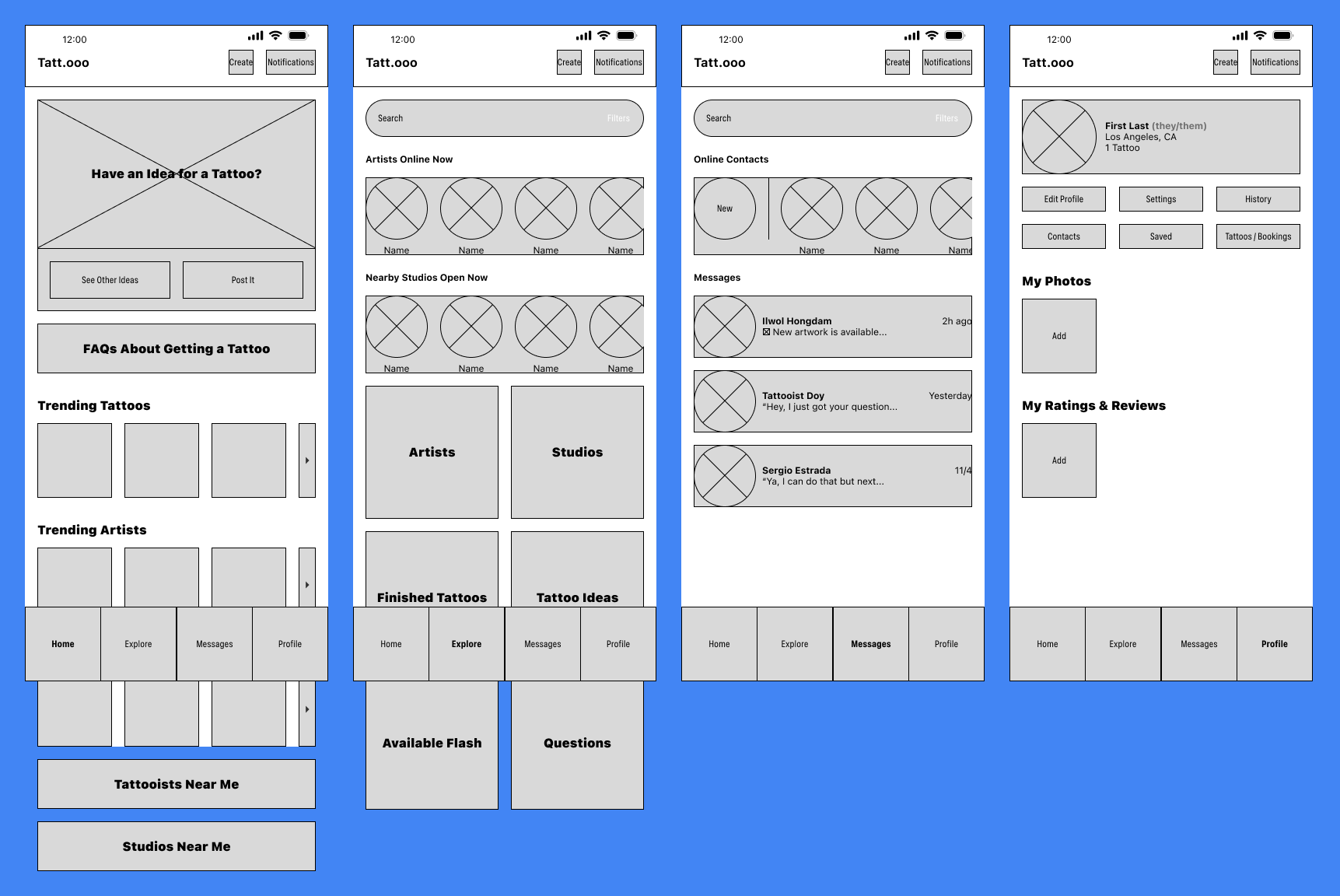 First set of medium fidelity wireframes, blocking out the layout using gray boxes and filler text.