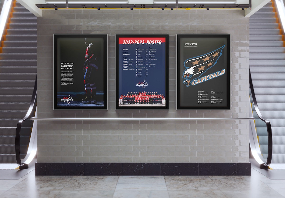 A mockup of a wall of a train tunnel with a row of 3, lit poster displays. Each display has a poster featuring different images and content but all have a matching set of fonts and branding.