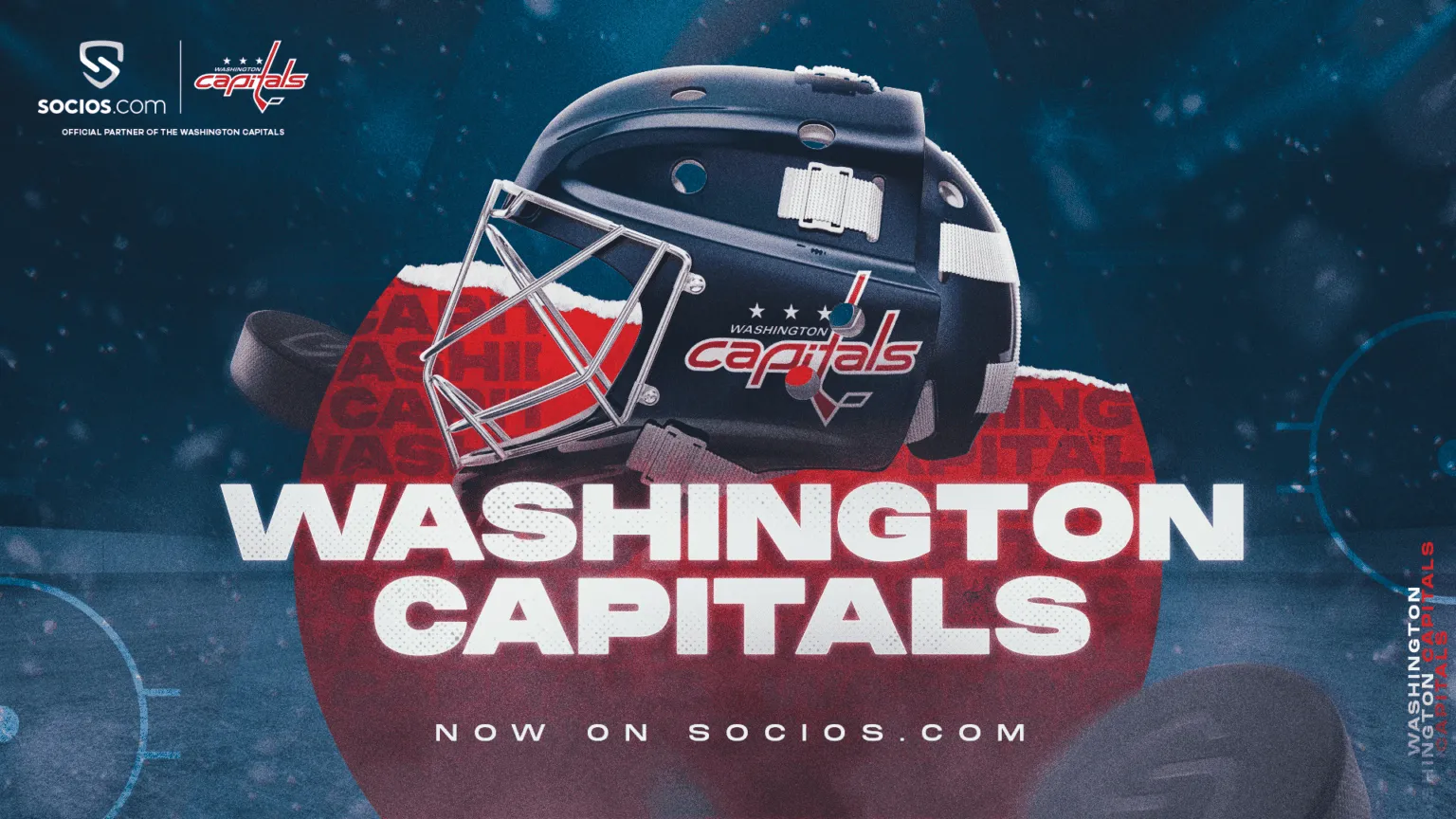 A social media announcement showing logos at the top left, a hockey helmet with team logo in the middle, and a wide, bold font taking up the middle of the image.