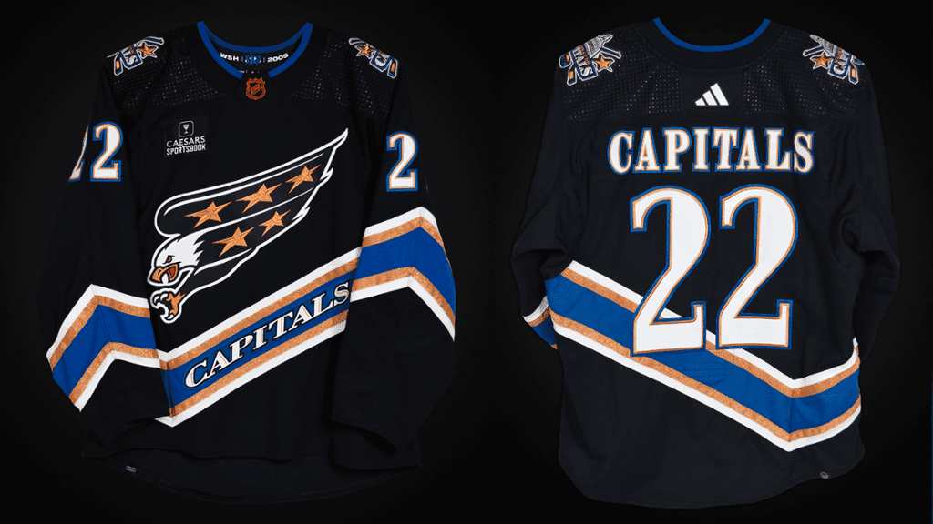 A black image featuring a logo of a screaming eagle in flight with an angled blue stripe in the corner and an older-styled name, Capitals.