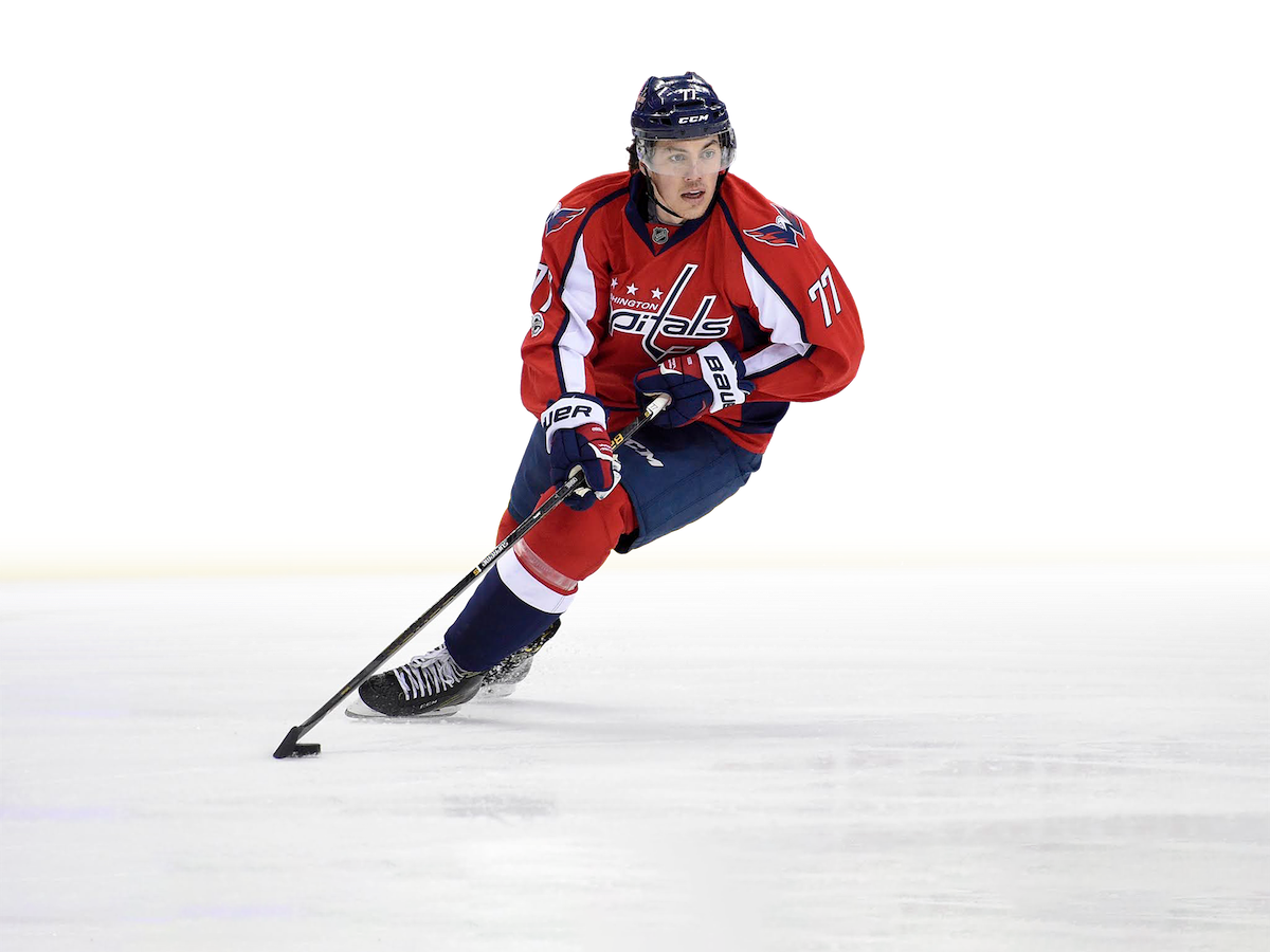 The same photo of #77, T.J. Oshie, but the background has been meticulously removed.