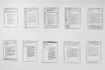 A series of rough sketches, pencil on paper, of an idea for some letterhead layouts showing columns, titles, and image placement/style.