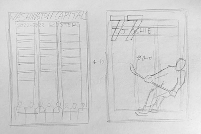 A rough sketch, pencil on paper, of an idea for a layout showing columns, titles, and image placement/style.