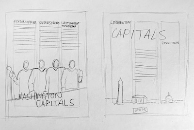 A rough sketch, pencil on paper, of an idea for a layout showing columns, titles, and image placement/style.