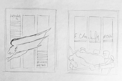 A rough sketch, pencil on paper, of an idea for a layout showing columns, titles, and image placement/style.