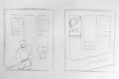 A rough sketch, pencil on paper, of an idea for a layout showing columns, titles, and image placement/style.