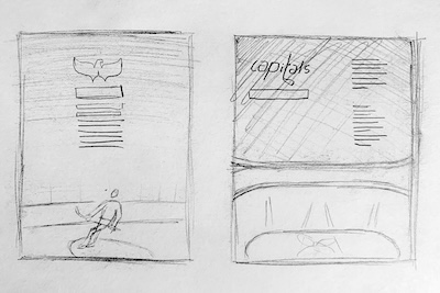 A rough sketch, pencil on paper, of an idea for a layout showing columns, titles, and image placement/style.