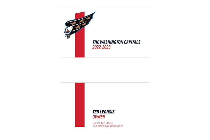 A revised business card that's simpler. The back side has replaced the logo with the screaming eagle and a bright red stripe, along with the text 'Washington Capitals 2022-23'. The front side carries the stripe from the other side which ends next to the person's name, title, etc.