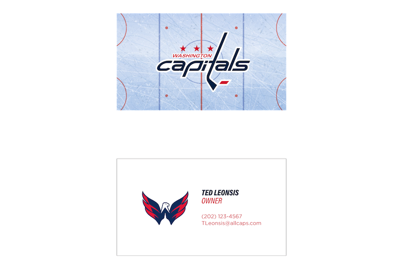 The front and back of a business card. One side has a top-down image of a hockey rink with the team logo, 'Washington Capitals', superimposed in the center. The other side shows the team's second logo, the stylized eagle with wings spread, next to the person's name, title, etc.