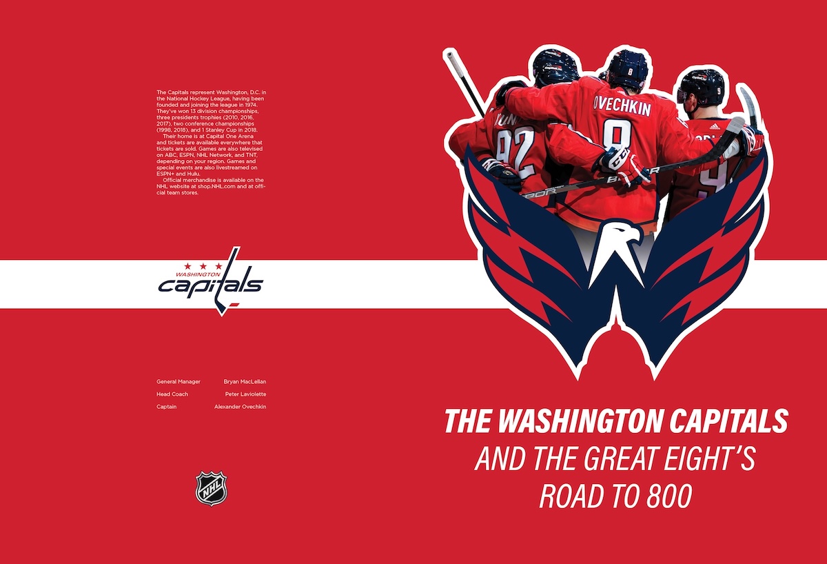 A spread (left and right sides) of a cover; the back shows some descriptive text and an NHL logo; the front shows some of the team members huddled with the logo superimposed in front of them and a title below it. The team's bright red is used for the entire background.