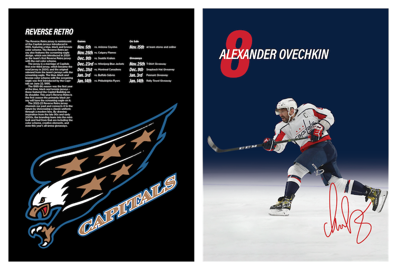 The front and back of a collectible poster. One side has a black background, a large screaming eagle logo on the bottom half, and some text about the Reverse Retro jersey and important dates. The other side features an action photo of a player, a digital copy of their signature, their number in a huge font size, and their name in a large font size with a starting point on the left of the number so it crosses through the middle of it.