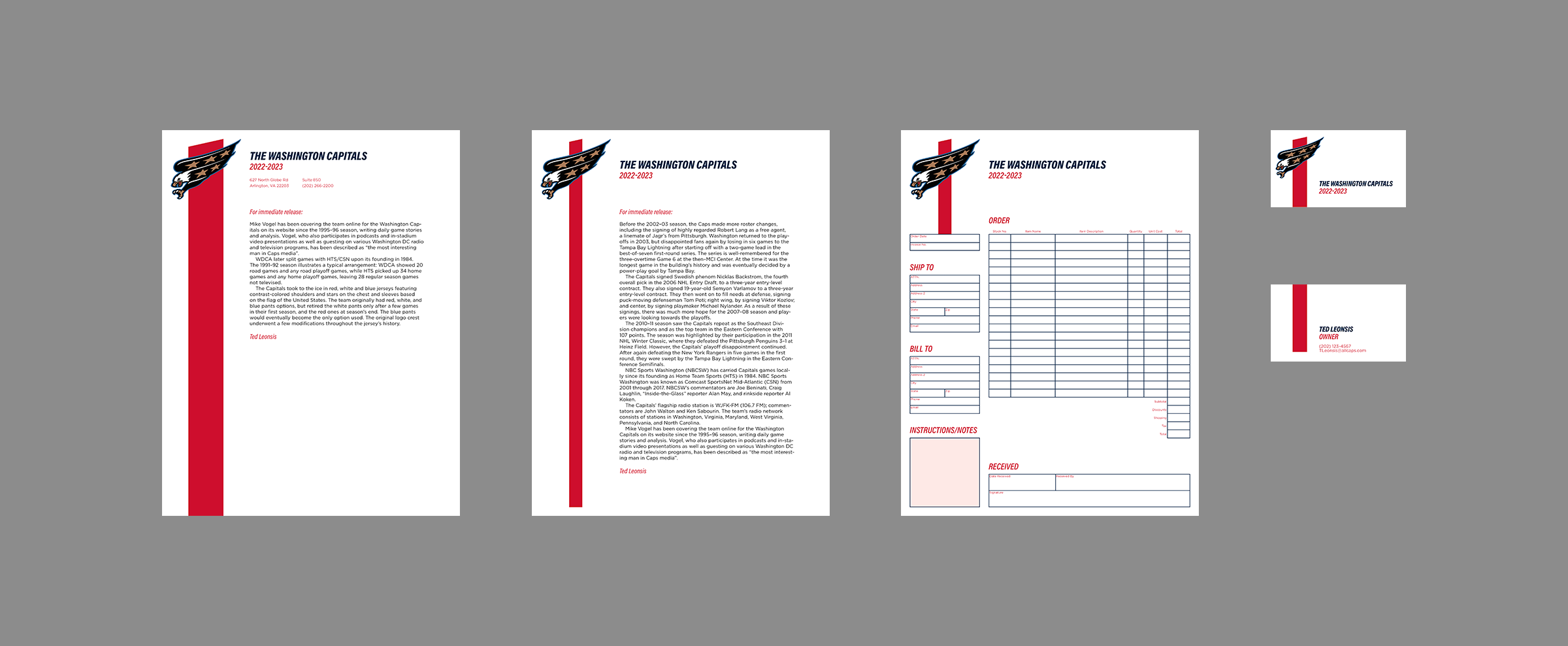 A grid showing finalized layouts of a a series of paper materials all laid out next to each other, including 2 different kinds of letterhead, an order form, and business cards.