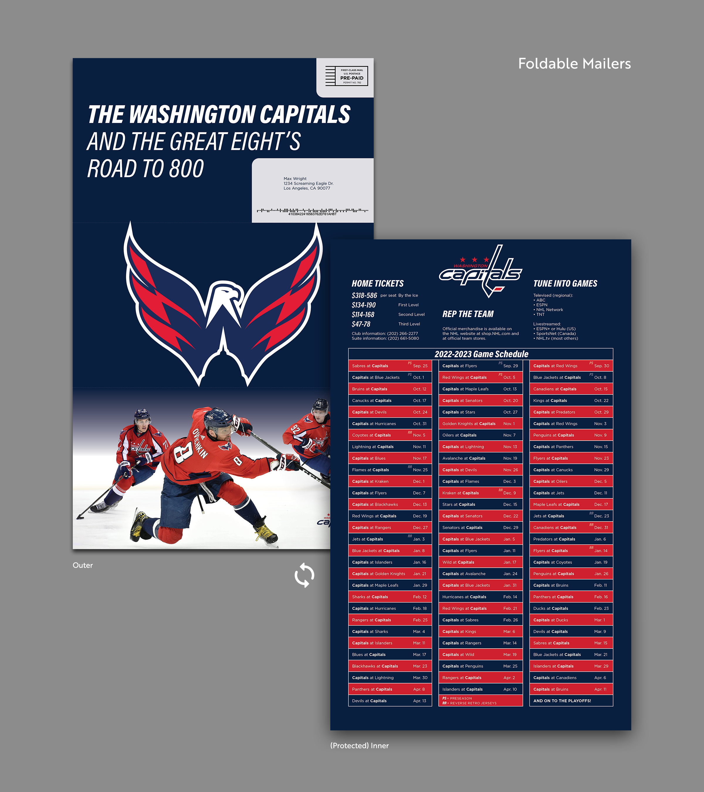 A grid showing finalized layouts of the front and back of a foldable mailer all laid out next to each other.