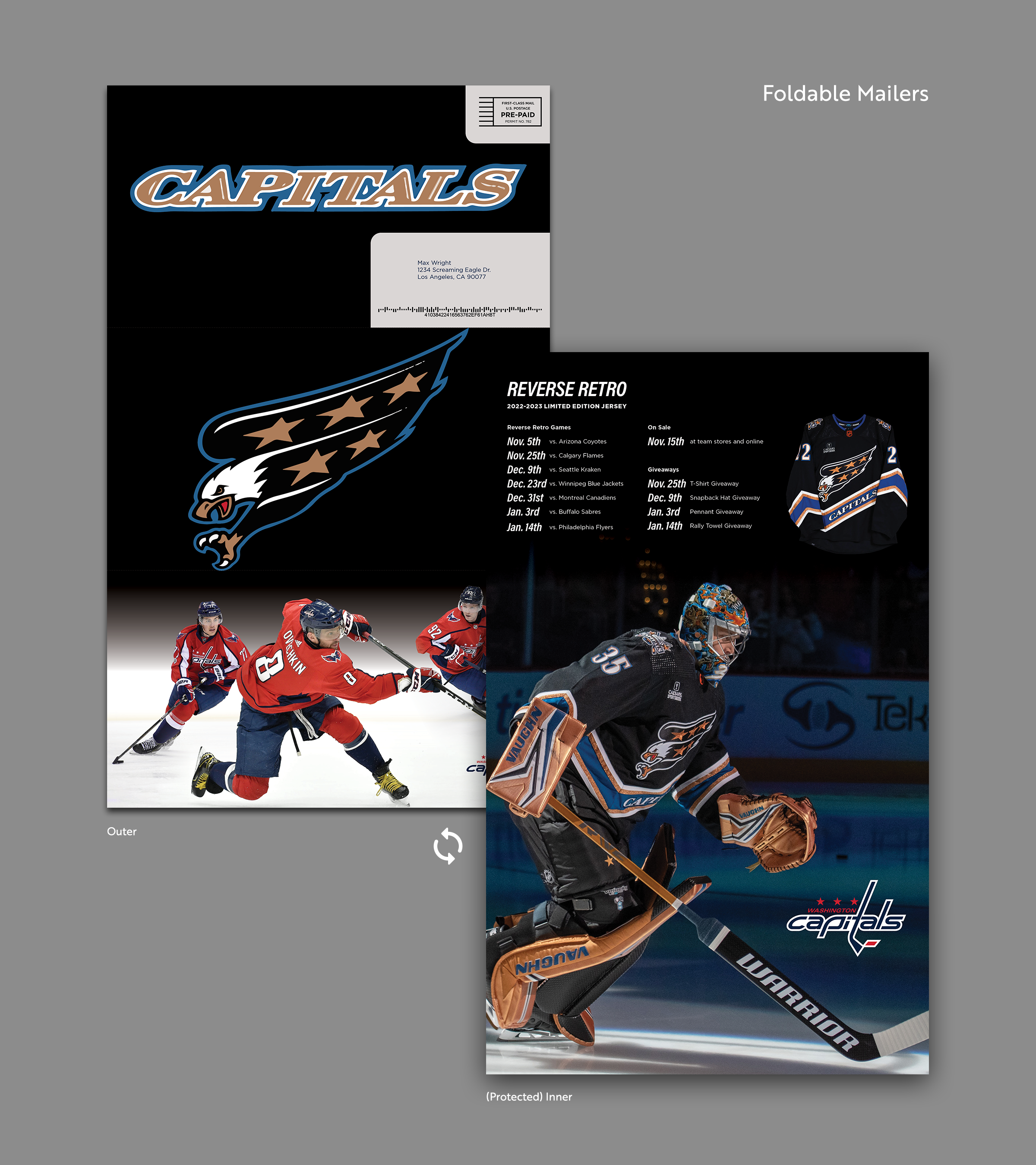 A grid showing finalized layouts of the front and back of a foldable mailer all laid out next to each other.