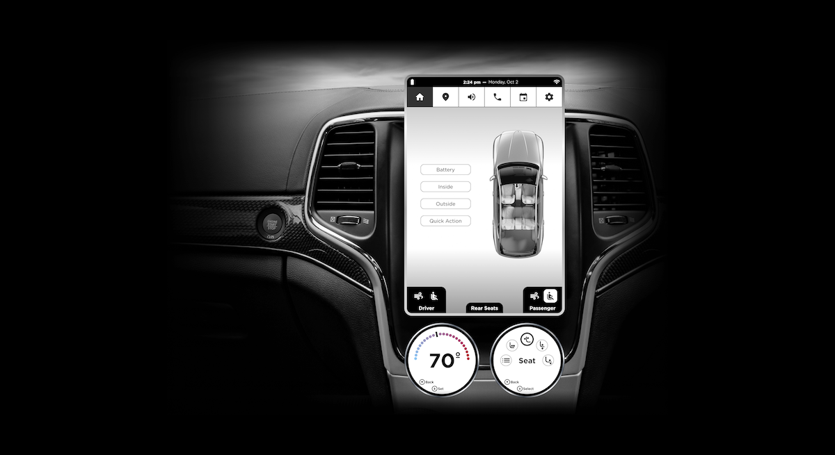 A mockup of a modern car dashboard with a singular large touchscreen in the center; below the screen are 2 knobs but the center of each knob is also a touchscreen.