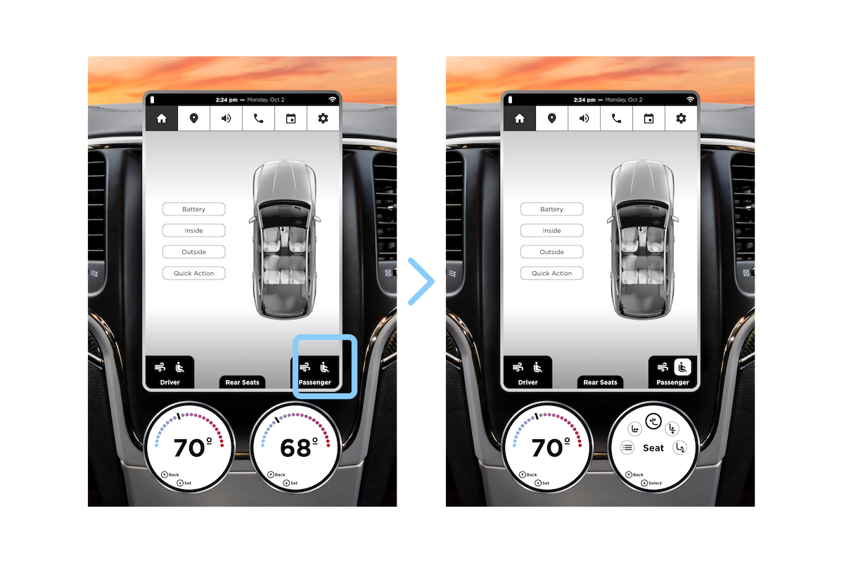 A higher fidelity prototype with some refined visuals, showing default screens for the knobs and separated controls to make interaction easier for multiple passengers