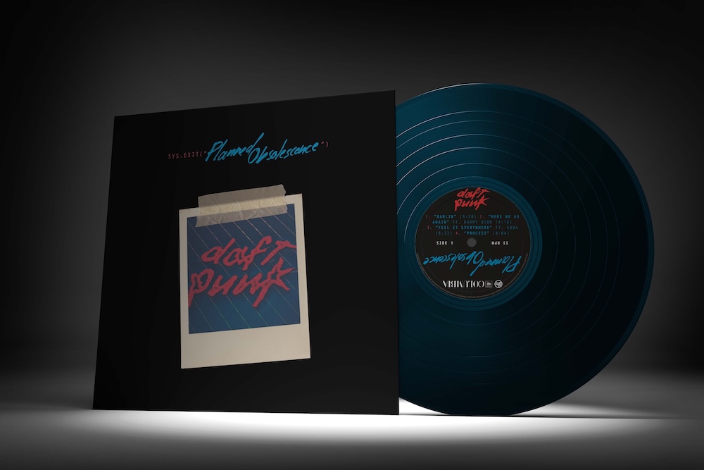 A photo of a graphic design project, a hypothetical record sleeve for a fake Daft Punk farewell album