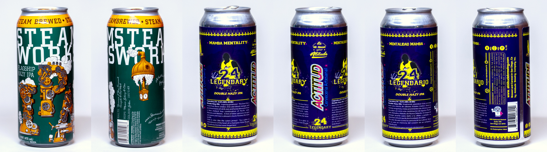 A series of photos of poorly designed beer cans showing that the labels are disorganized and difficult to read, with text jumbled around and information being hard to find.