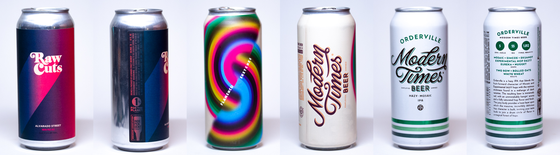 A series of photos of well-designed beer cans showing how easy to read the labels are, with information organized well.