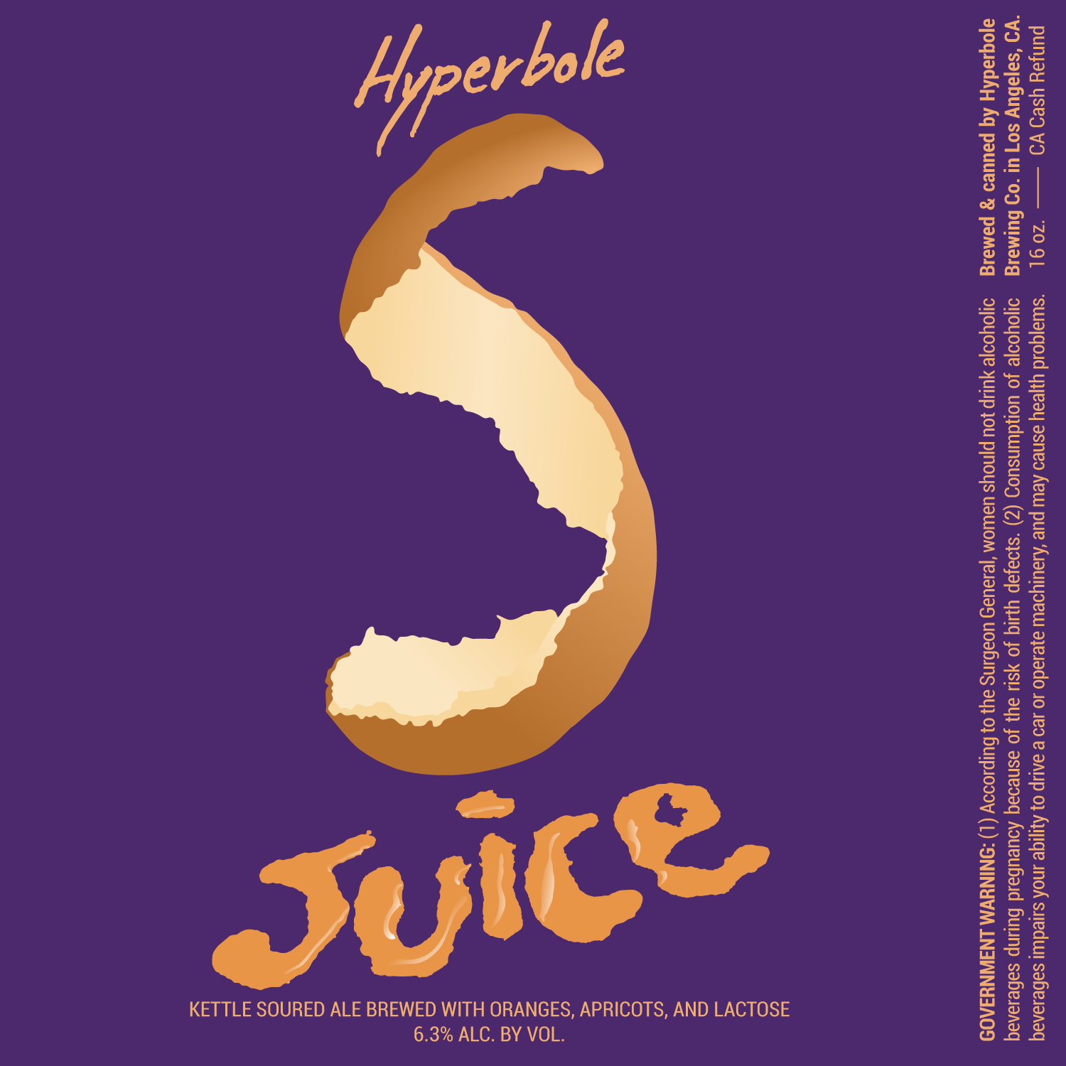 A test label to figure out the kinks. There's a brewery logo at the top, an illustration of an orange peel above orange juice spelling out the word 'Juice', a notation of the style of beer, and at the bottom is the abv of the beer.