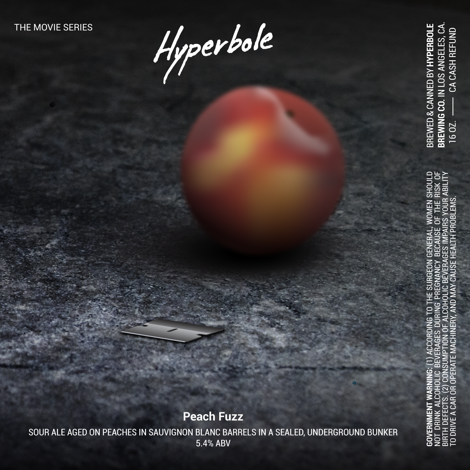 A beer label for 2019's Parasite, with a digital illustration of a peach and a razor blade on a counter top.