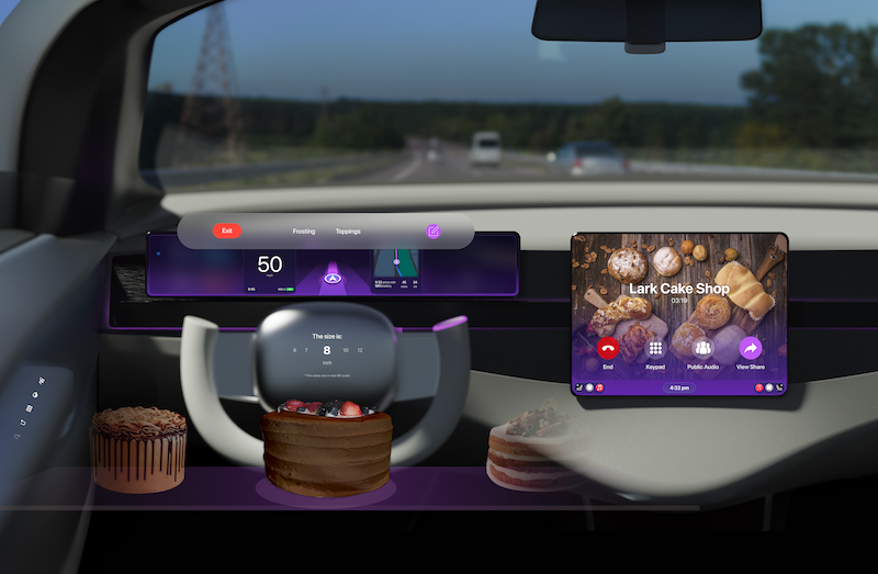 A mockup of the interior of a car while sitting in the driver's seat; the driver is using AR glasses and using an AR menu hovering in the air in front of them.