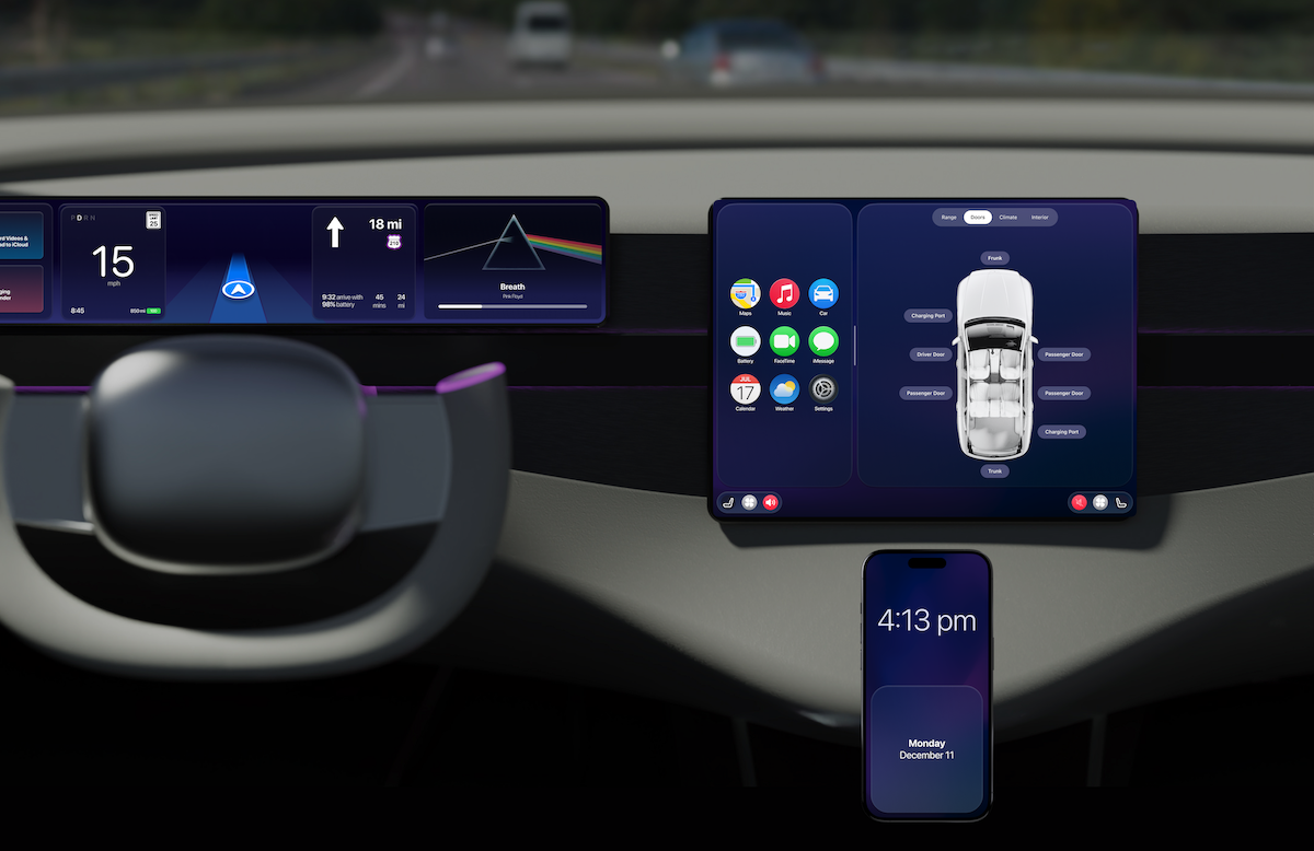 A mockup of the interior of an electric car, showing the dashboard with a prototype of newly designed screens.