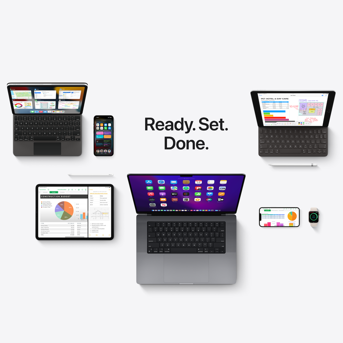 A variety of Apple products with related app systems on the screen