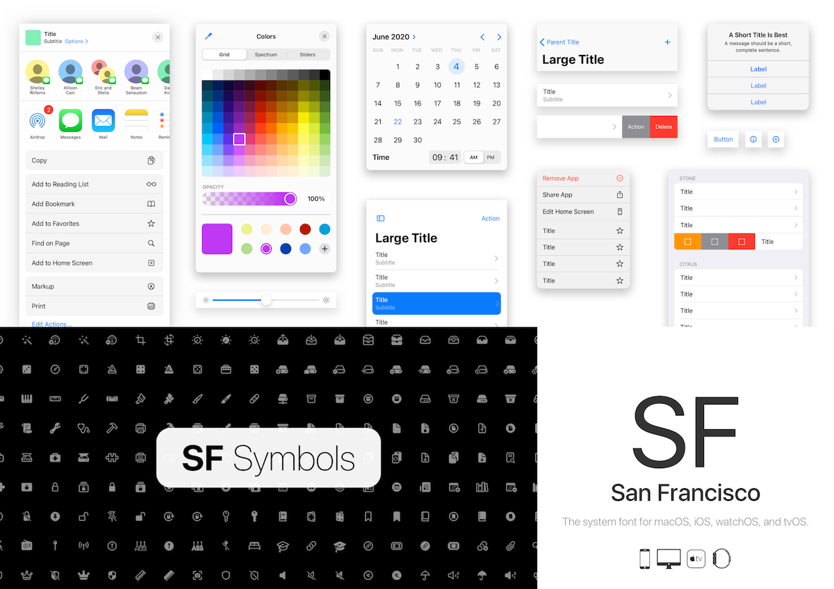 A graphic showing the variety of design elements being used for Apple's iOS design system