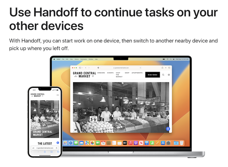 A photo of an Apple iPhone next to an Apple iMac computer, with the same website open on both, under a headline reading, `Use Handoff to continue tasks on your other devices: With Handoff, you can start work on one device, then switch to another nearby device and pick up where you left off.`