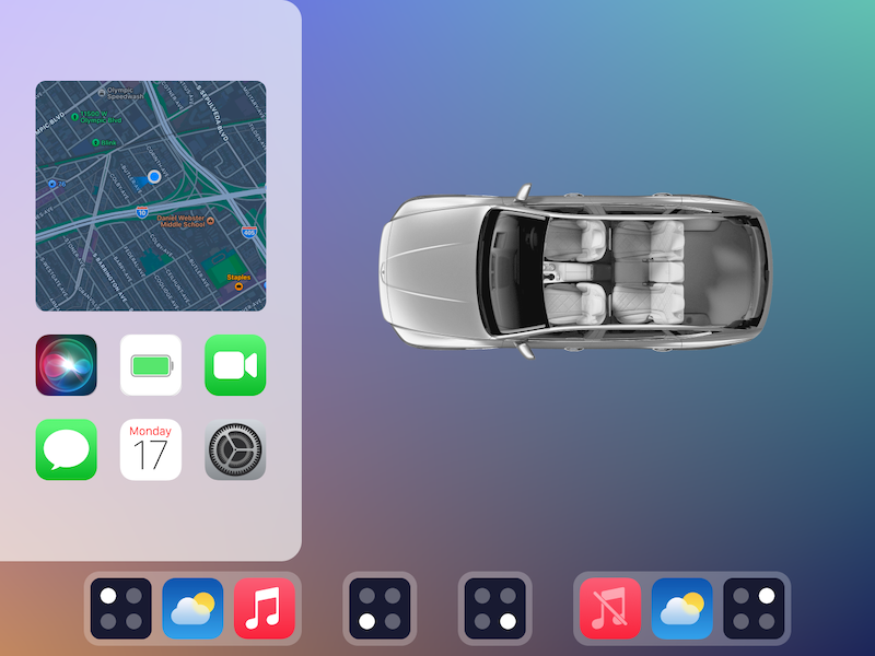 Low-fidelity wireframe of a car`s center screen showing some app icons on one side and a preview of the car on the other side