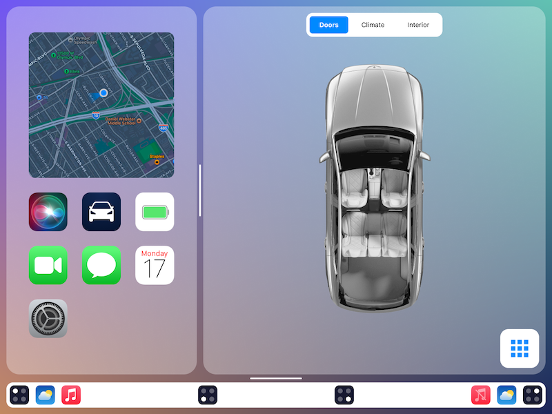 Low-fidelity wireframe of a car`s center screen showing some app icons on one side and a preview of the car on the other side, with some different visuals and bars to resize the sections