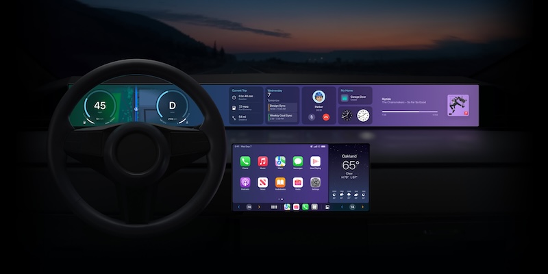 A promotional image from Apple showing the full capability of Apple's CarPlay to control all of the digital interfaces in a car, including the center screen and dashboard meter