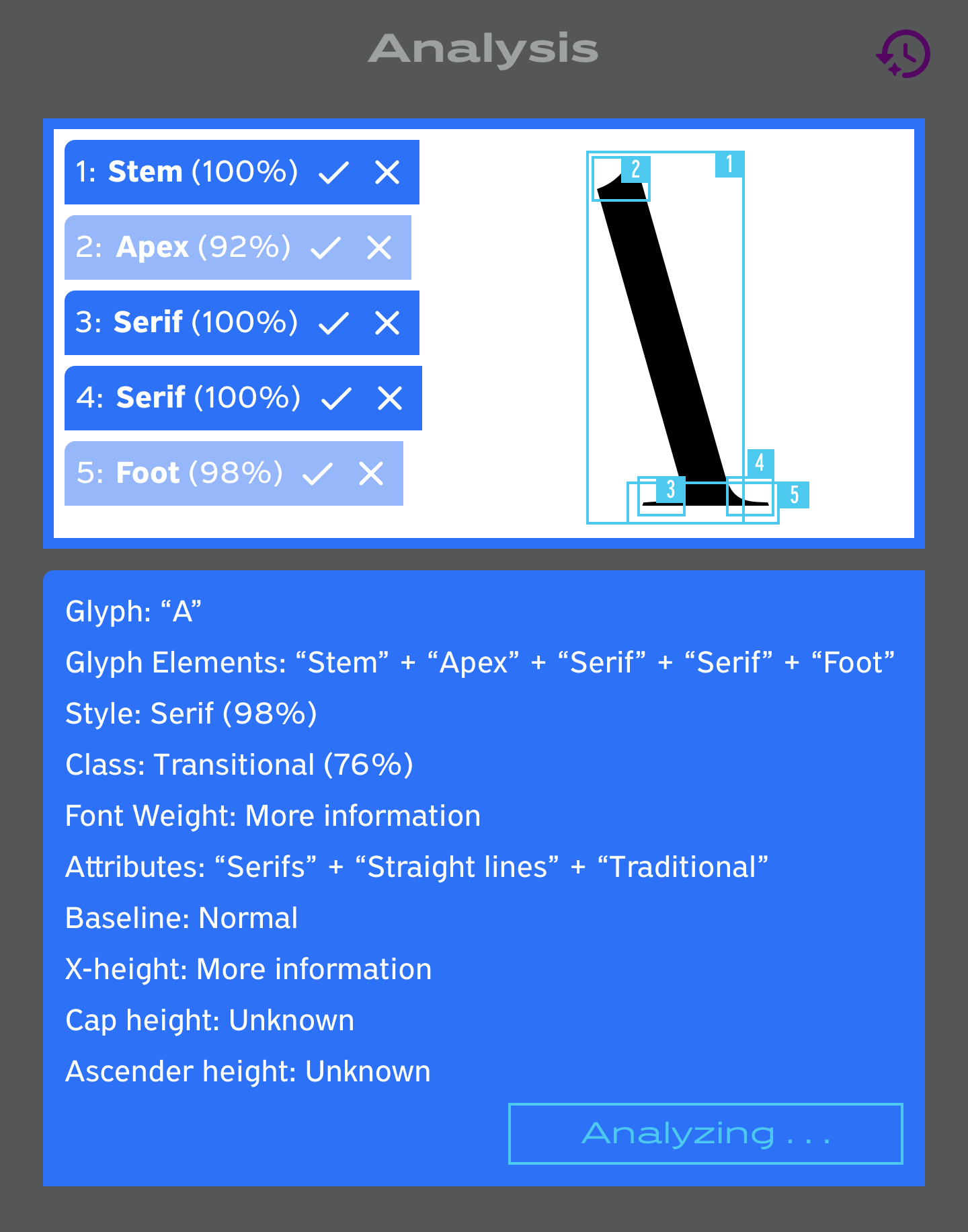 One detail of the app interface which shows a window within the sidebar, Analysis, with some realtime AI analysis