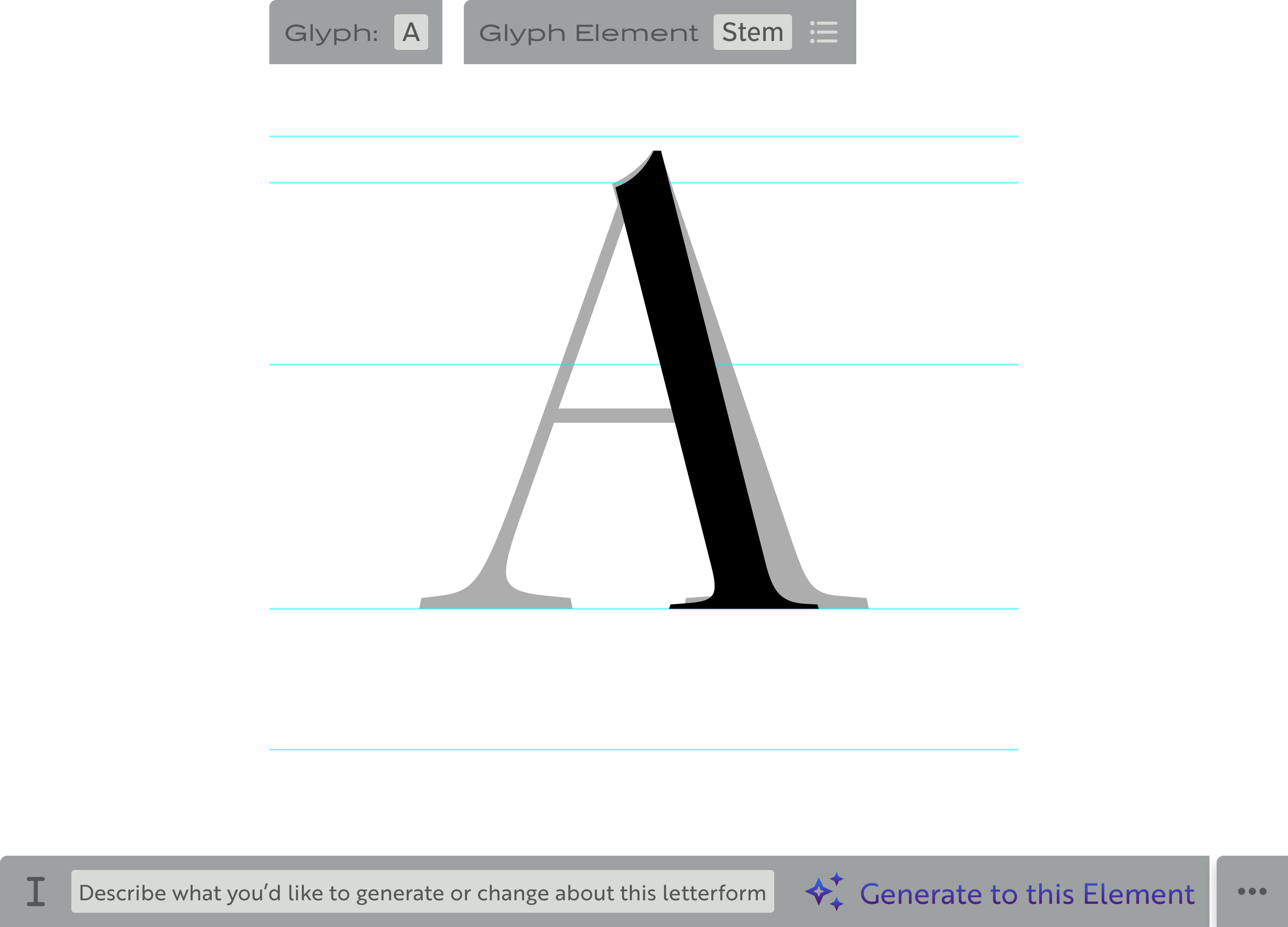 One detail of the app interface which shows the canvas with a glyph being edited; below the canvas is a toolbar with options that are specific to what the user's currently doing on the canvas; this canvas has a completed letter but nothing's selected, so the context bar has a text input with the label text reading, `Describe what you'd like to generate or change about this letterform`, along with a `Generate` button and another button for additional options