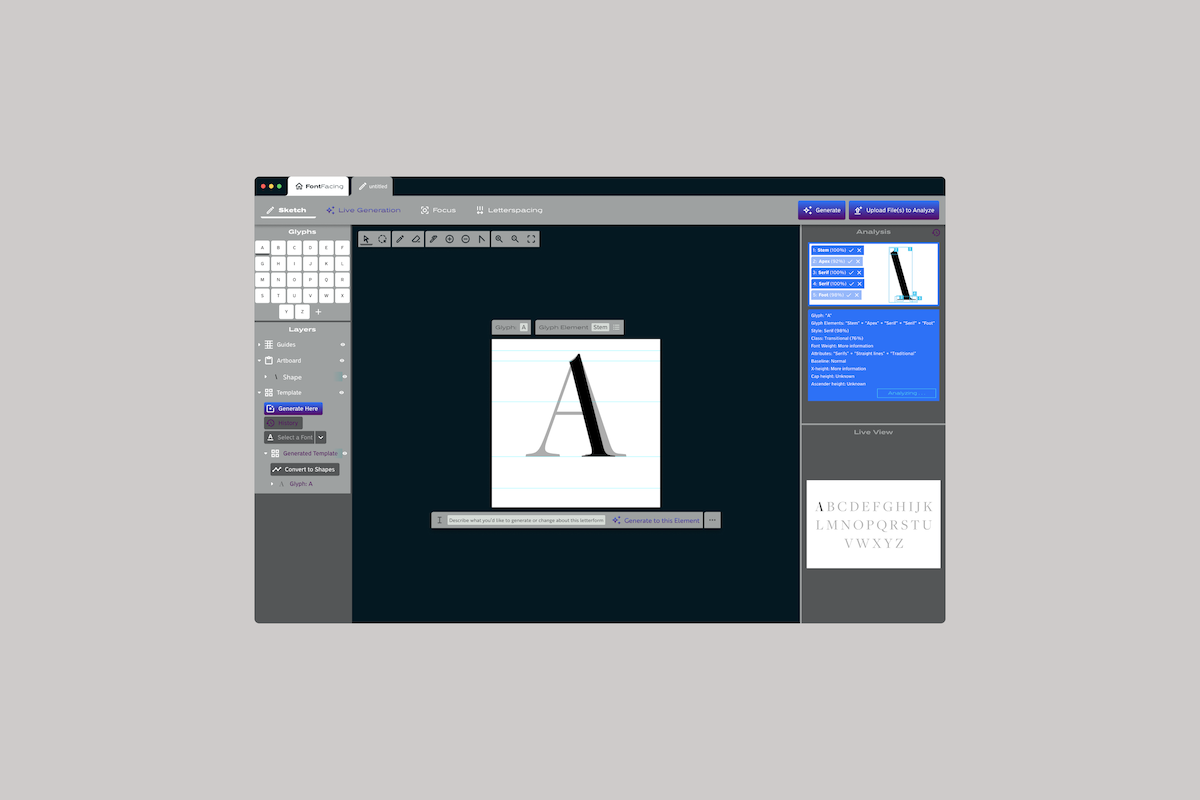 A mockup of a desktop app meant for typeface design, showing a working canvas with one glyph, toolbars, live view of the entire typeface, and an analysis window showing the training model as it analyzes inputs in real time.