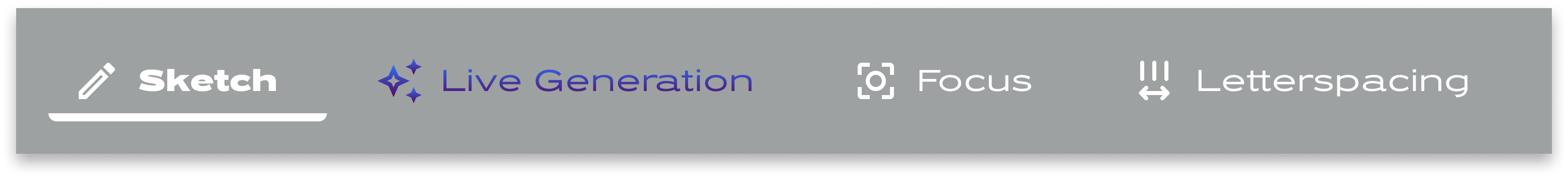 One detail of the app interface which shows a series of buttons (Sketch, Live Generation, Focus, Letterspacing) which users can use to move between working stages