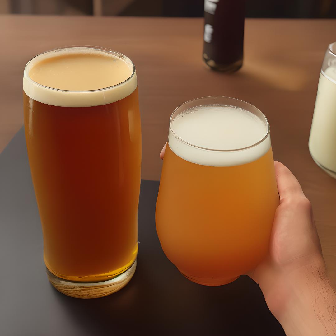 An AI-generated image of 2 glasses of beer on a misshapen table with a completely inaccurate hand.