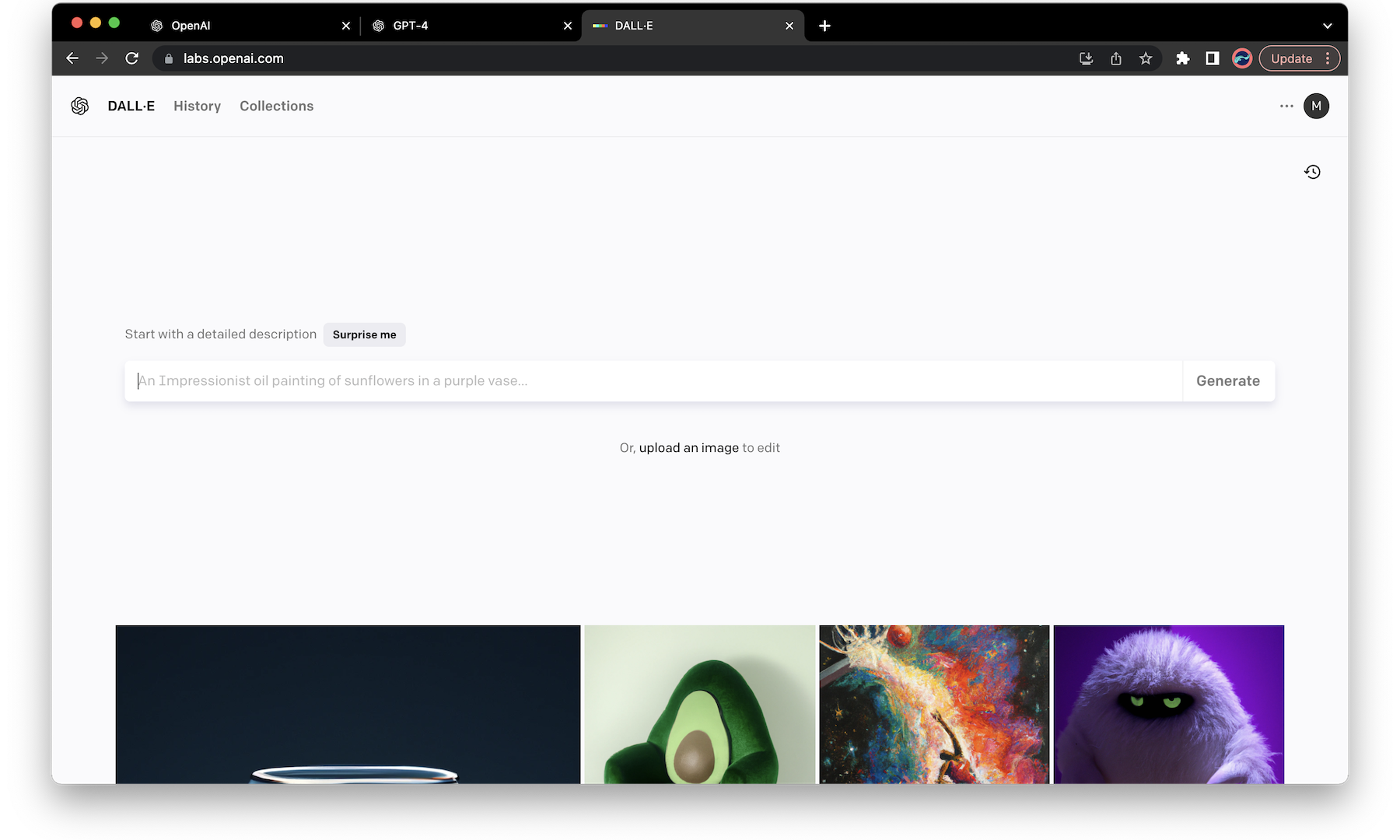 An internet browser window showing a webapp called Dall-E. The page is a mostly empty white page but at the center is a single text-entry box to type a generative AI prompt.