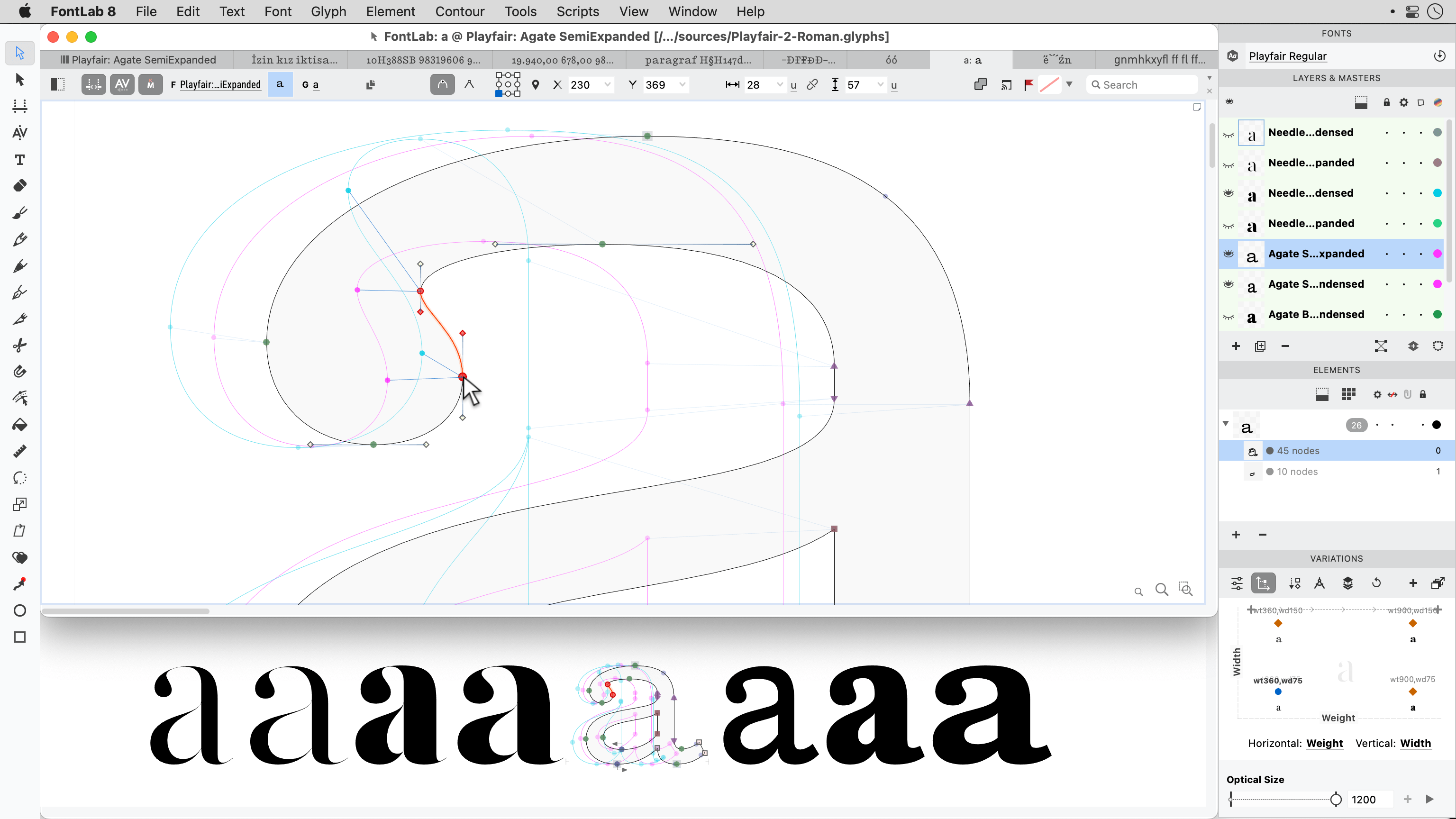 A screenshot of FontLab showing a lowercase `a` being edited; along with the toolbar and sidebar, as well as the vector in the act of being edited, the screenshot also shows FontLab's ability to edit various font weights in the same frame by layering the different outlines on top of each other.