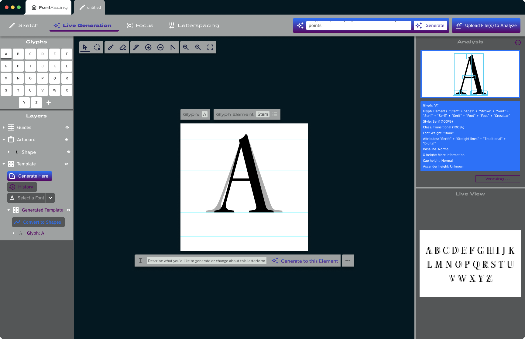 A high fidelity wireframe building off the previous version; most of the color has been replaced with the shades of gray and there's a selective use of violet and blue (and the gradient between them) to highlight the AI tools and related features (like AI history and the Analysis window).