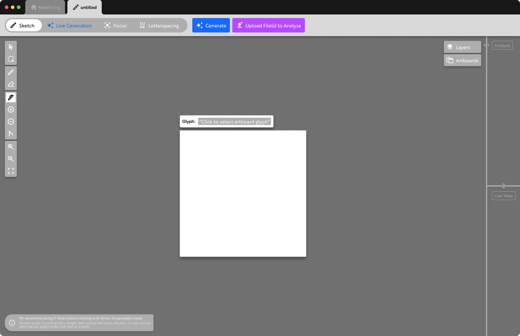 A medium fidelity prototype combining the previously explored elements with the current concept; the sidebar has been simplified and the infinite canvas has been replaced with an artboard system to focus on singular glyphs while working; the toolbar has also been simplified with some tools removed and AI tools moved to an Options Bar at the top of the app.