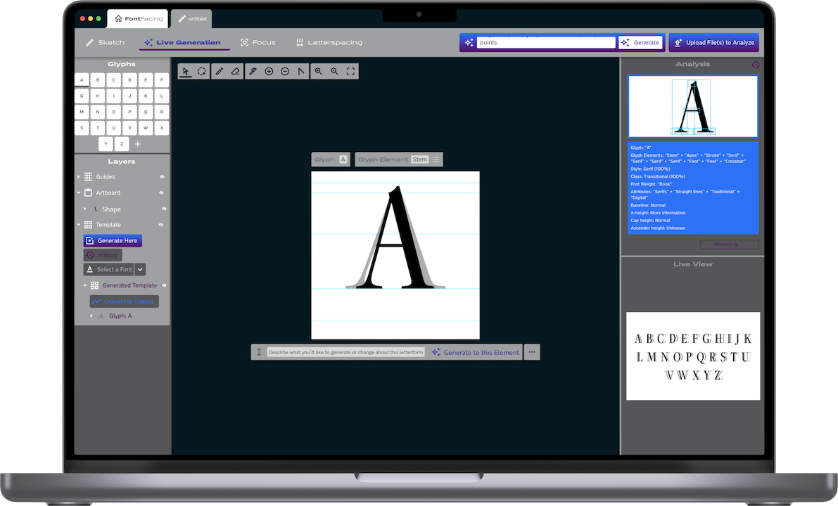 A mockup of a MacBook running the desktop app, showing a working canvas with one glyph, toolbars, live view of the entire typeface, and an analysis window showing the training model as it analyzes inputs in real time.