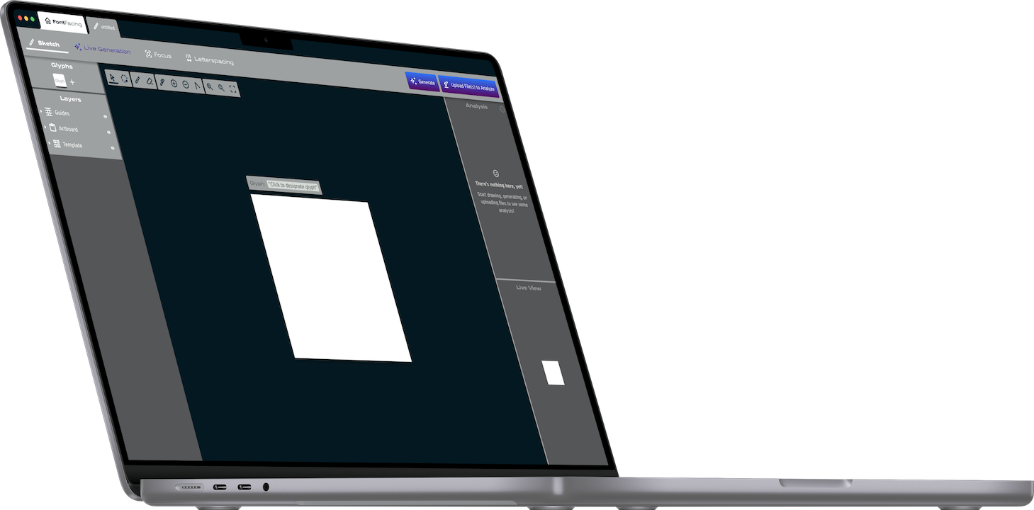 A mockup of a MacBook running the desktop app, but this time the canvas is blank so there's no contextual menu and the analysis window is also blank.