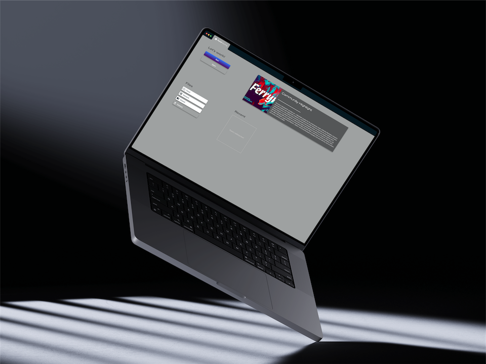 A mockup of a MacBook with the Fontfacing app opened to fullscreen to start a new project, with buttons available to start a new file, Open a file, as well as alternate open options, plus a featured banner for a trending font.